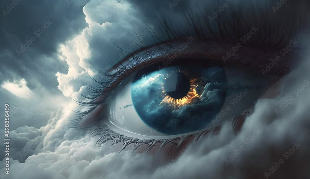 AI generative image about a god of climate change of a close up of a blue eye surrounded by clouds and storms