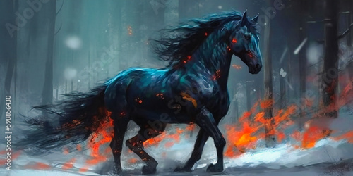 a black horse with flames running out of the snow