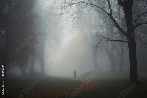 lonely passerby in the fog. AI Generated
