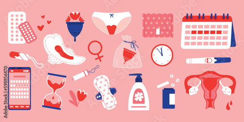 Menstrual period set. Female period products - tampon, pads, menstrual cup. Feminine menstrual care. Flat vector illustration.