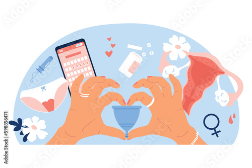 Hand drawn female hands holding menstrual cup. Female regular menstrual cycle concept. Feminine menstrual care. Flat vector illustration.