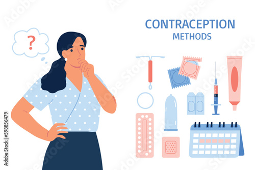 Different types of female contraception. Woman thinking about suitable method of contraception. Protection against sexually transmitted diseases. Flat vector illustration on white background.