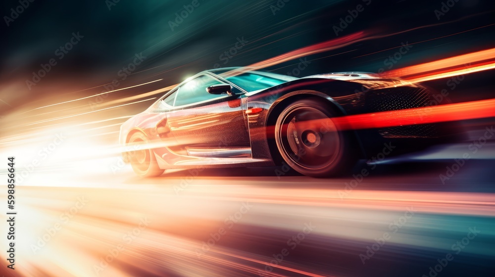 Close-up shot of a fast-speed car with various lights around it. Generative AI Close-up shot of a fast-speed car with various lights around it. Generative AI