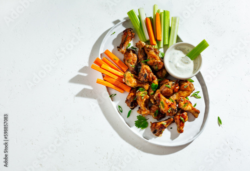 Buffalo chicken wings with vegetables and sauce. Food background with copy space. Top view photo