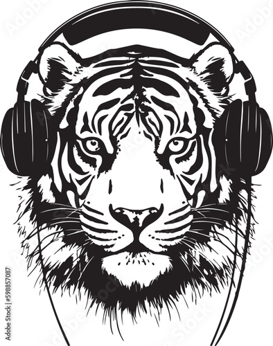 Tiger head in headphones, Vector illustration, SVG