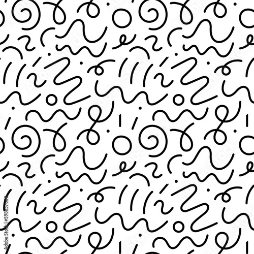 90s seamless pattern squiggle. Abstract geometric shapes seamless pattern. Vector Hand drawn various shapes and doodle objects. Abstract contemporary modern style. Trendy colorfull illustration.
