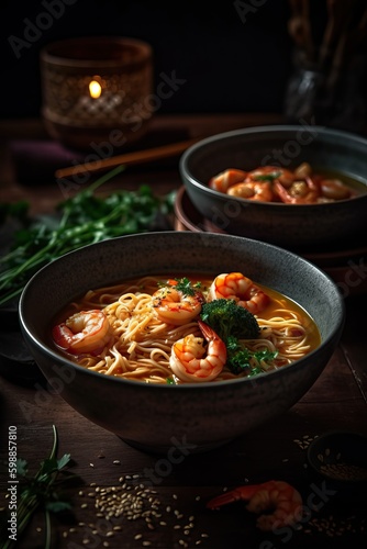 Oriental soup with prawns, noodles and egg, generative ai