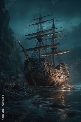 Ancient sailboat in the nig...