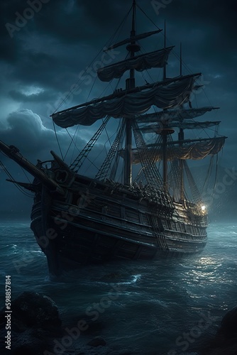 Ancient sailboat in the nig...