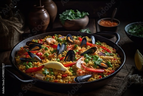 Delicious paella with prawns and mussels  generative ai