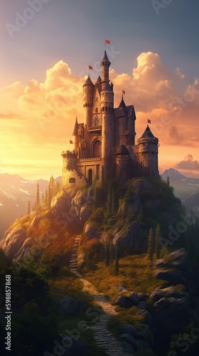 Romantic view of a Fairytale castle on top of a hill at sunset , generative AI