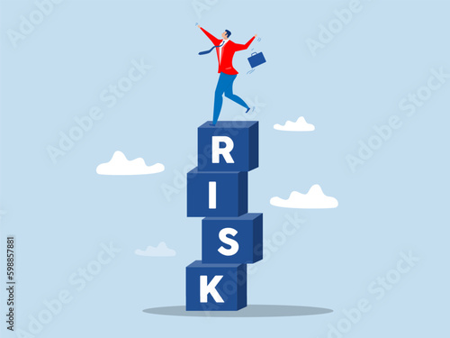  businessman investor falling from stack of unstable box Unstable investment market risky situation or economic recession; crisis or bankruptcy.vector illustrator