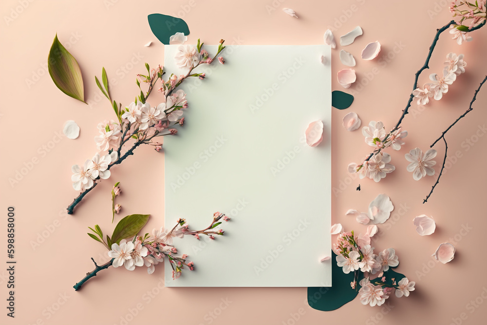 Spring top view background with blank sheets of paper, blossoming tree branches. Generative Ai technology.