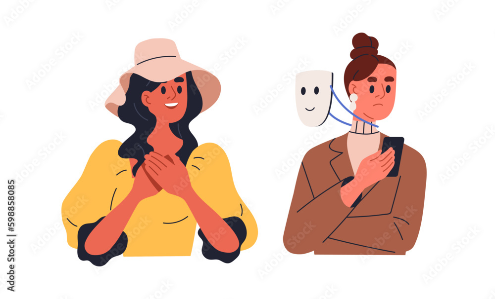 Woman disguised in fake hypocrite smiling mask, indifferent to person talk. Hiding indifference, pretending polite in communication. Flat graphic vector illustration isolated on white background Woman disguised in fake hypocrite smiling mask, indifferent to person talk. Hiding indifference, pretending polite in communication. Flat graphic vector illustration isolated on white background