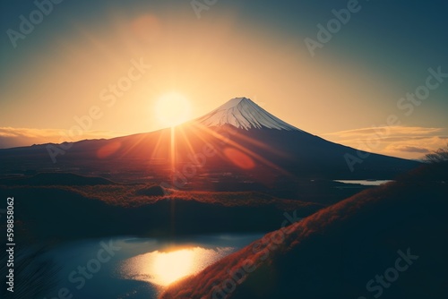 A landscape of the rising sun over a mountain range AI-Generated image