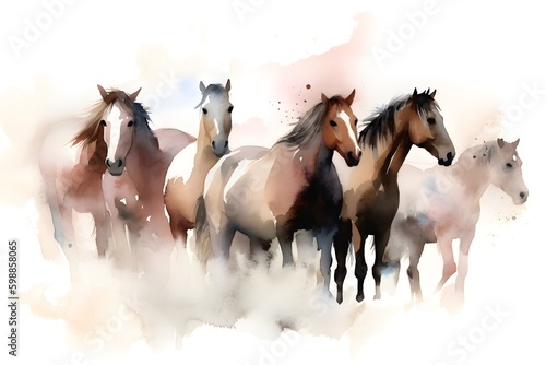 A group of wild horses in watercolor AI-Generated image