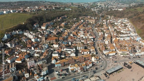 Aerial view of Hastings, A Coastal Town Steeped in History and Charm. Old town and Fishermen photo