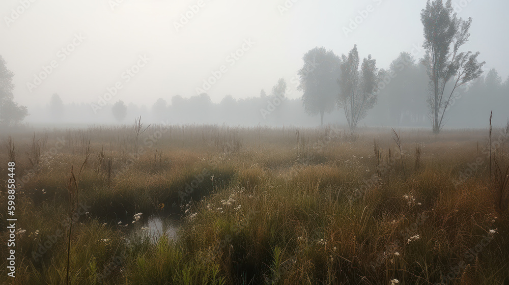 Fototapeta premium Misty Fens: A Surreal Landscape. Generative AI