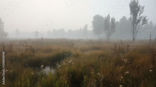 Misty Fens: A Surreal Landscape. Generative AI