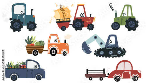 Agricultural tractors. Farm cars, industrial tractor, combine harvester, harvester, duster, sowing machine for transportation. Vehicle for field agricultural work. Cartoon vector illustration