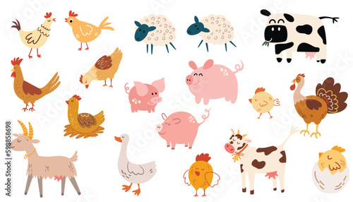 Farm animals. Cow, goose, turkey, goat, pig, piglet, chickens, rooster, chickens, sheep. Ideal kids design, for fabric, wrapping, textile, wallpaper, apparel. Cartoon vector illustration