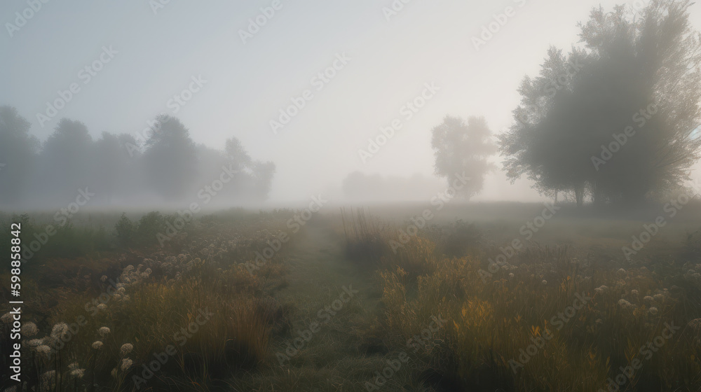 Enchanting Foggy Meadow. Generative AI