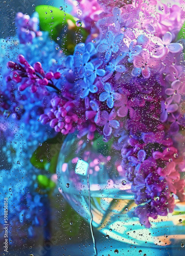 Bouquet Of Lilacs In A Glass Vase Behind Glass Window With Rain Drops