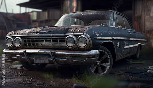 abandoned vintage muscle car in the junkyard