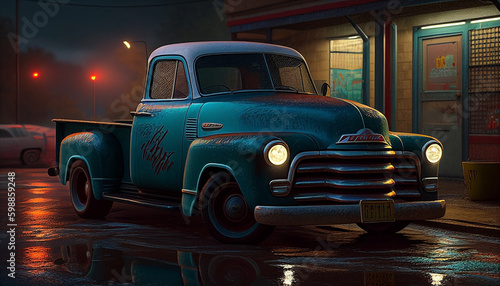 vintage muscle car. old rusty pickup truck in a storage yard. classic car lifestyle.