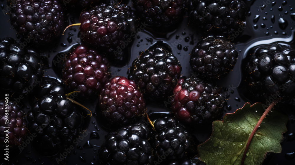 Fresh ripe blackberries with water drops background. Berries backdrop. Generative AI Fresh ripe blackberries with water drops background. Berries backdrop. Generative AI
