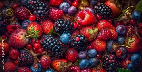 Berries overhead closeup colorful large assorted mix of strawbwerry  blueberry  raspberry  blackberry  red curant in studio  Ai generated