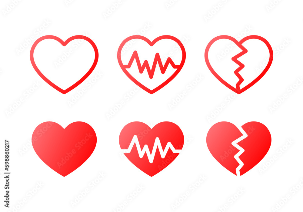Heart. Flat, red, set of hearts. Vector icons