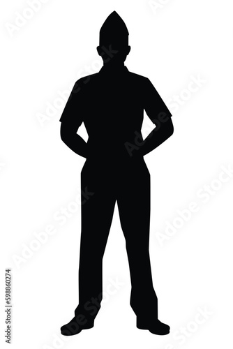 Standing soldier silhouette vector on white, people.