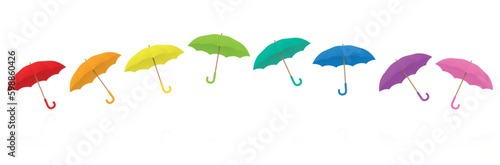 Colorful umbrellas - rainbow colored open collection that creates happiness in any weather, no matter whether it rains or snows. Isolated vector illustration on white background.
