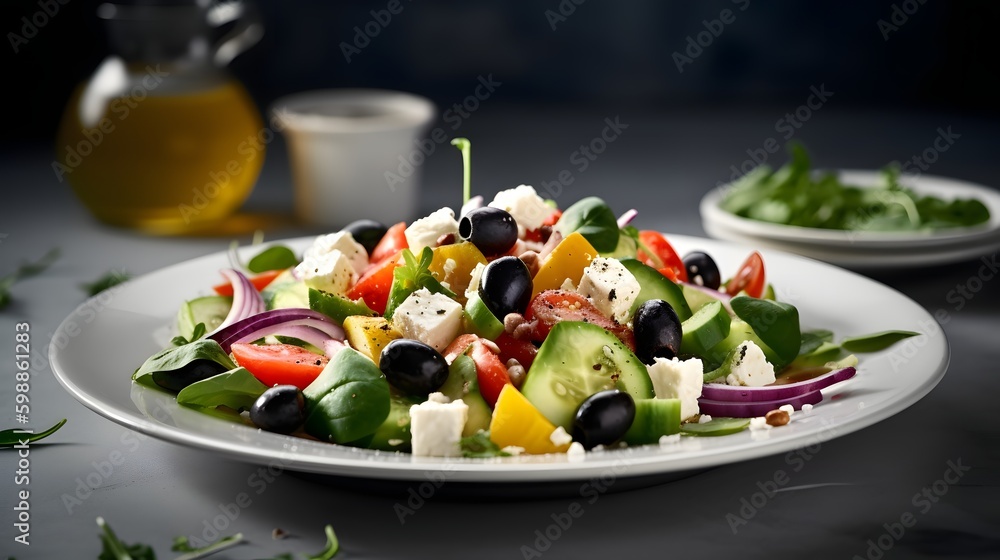 Fresh Greek Salad on White table, Ai generated
