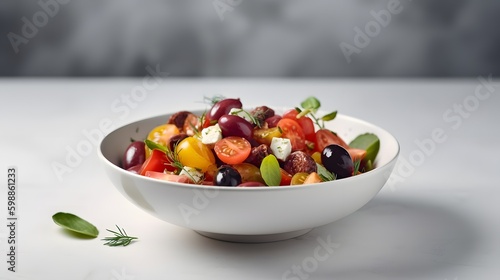 Fresh Greek Salad on White table, Ai generated