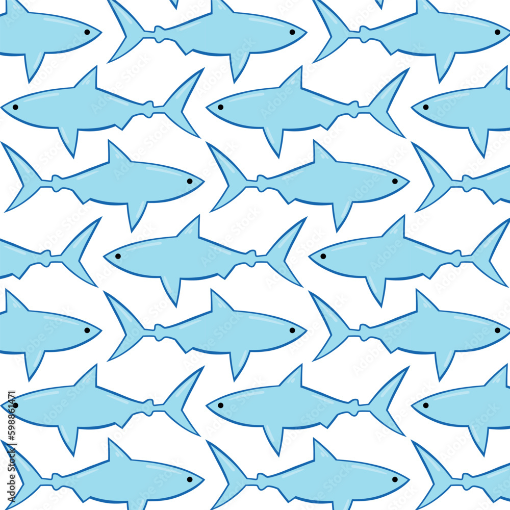 Fototapeta premium Vector illustration toothy swimming angry shark animal sea fish character underwater cute marine wildlife mascot seamless pattern background.