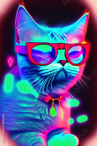 Mystic cat with neon glasses - generative ai