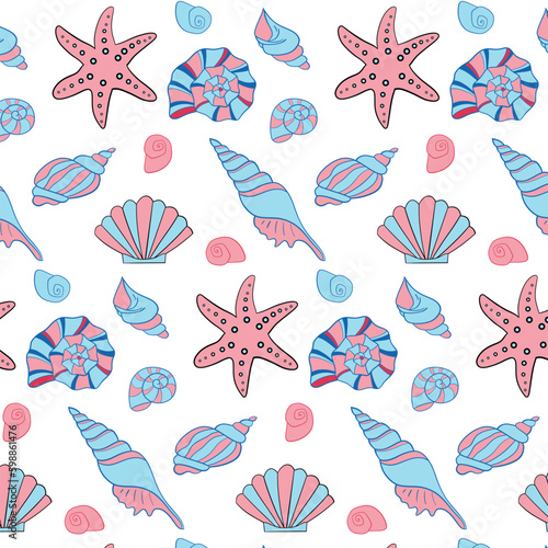 Hand drawn vector illustrations - seamless pattern of seashells. Marine background. Perfect for invitations, greeting cards, posters, prints, banners, flyers etc