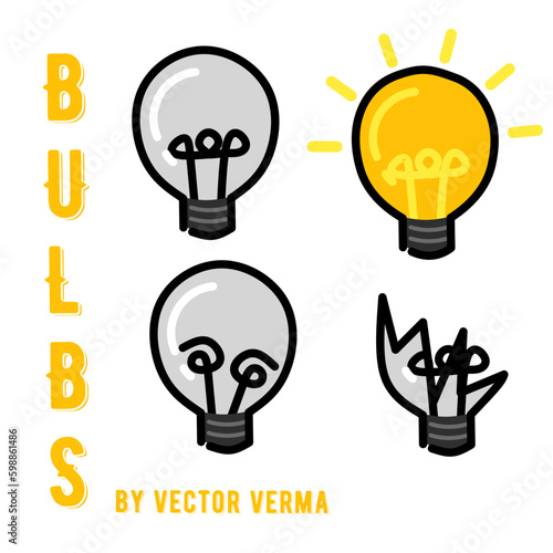 Vector illustration of a bulb switched on, switched off, a bulb with fuse burnt and a broken bulb with text bulbs by vector verma in yellow photo