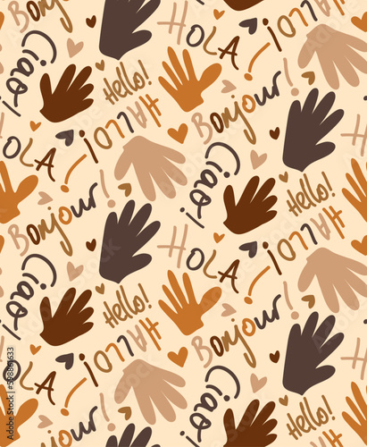 Abstract Hand Writing Mix Greeting Words Hands and Hearts Seamless Vector Pattern Isolated Background