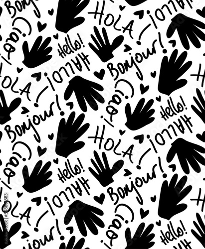 Abstract Hand Writing Mix Greeting Words Hands and Hearts Seamless Vector Pattern Isolated Background