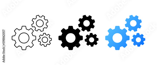 Gears. Different styles, colored, gear mechanisms. Vector icons.