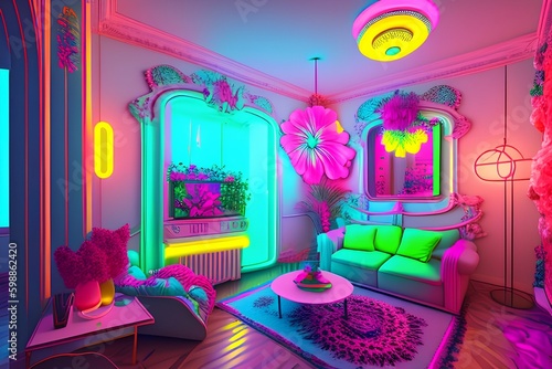 Neon lit floral ornate apartment - generative ai