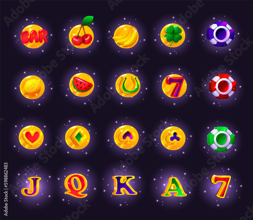 Casino game slot machine icon. Vector gambling machine badge kit, fruit set, cards, bonus sign, golden chips coin. Online spinning, having mobile entertainment