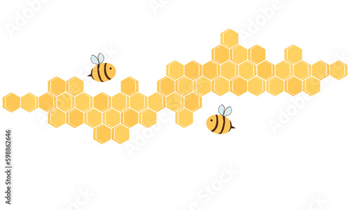 Beehive honey sign with bee cartoons isolated on white background vector illustration.