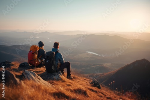 Hikers with backpacks sitting and relaxing on the top of a mountain, enjoying the beautiful view of the valley below. Generative AI © BraveSpirit