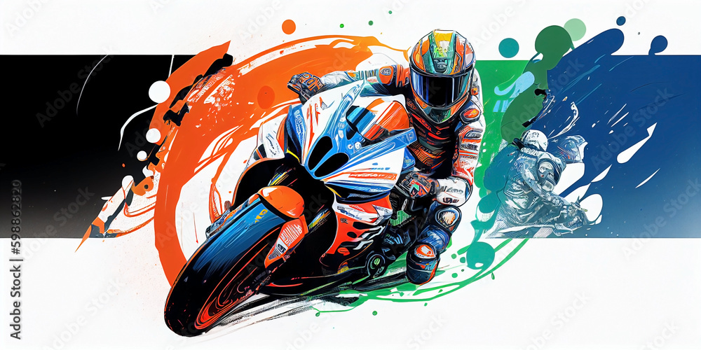illustration of riding and race of a big bike in the circuit, the rider