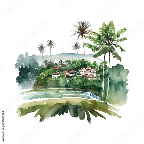 Scenic landscape bali watercolor. Art design. Tropical background. White color background. Religion Travel Nature beauty. Mountain landscape