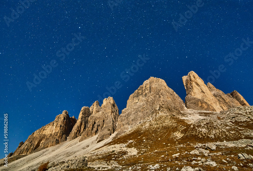 Tre Cime di Lavaredo at night in the Dolomites in Italy
